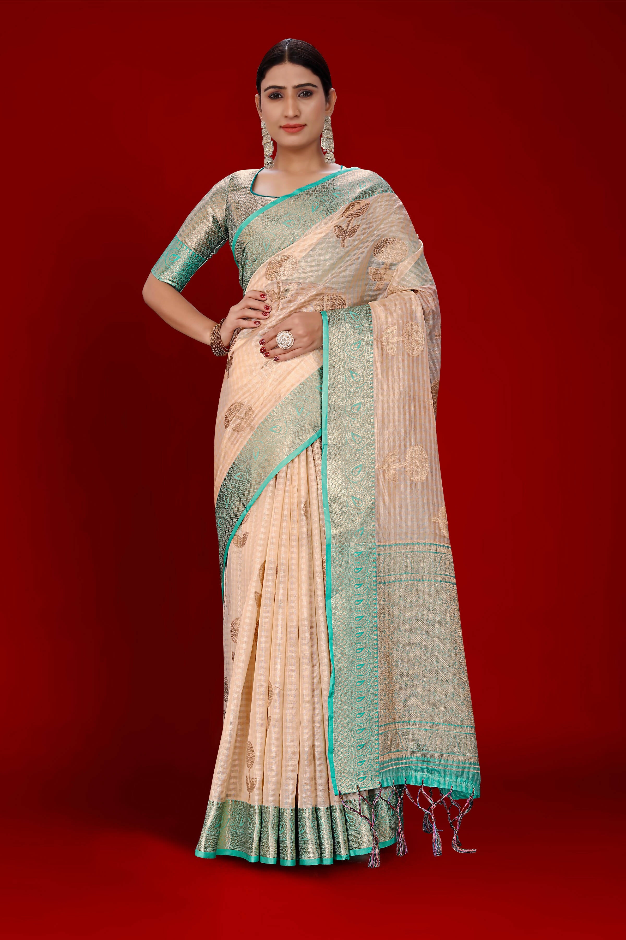 Peach Soft Organza Woven Design Saree With Unstitched Blouse Piece - Zaara - Distacart