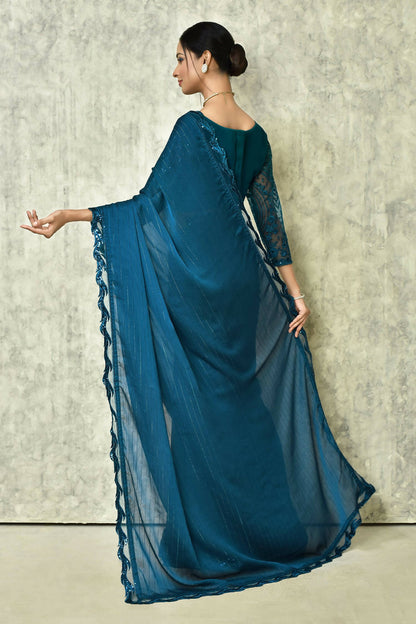 Blue Silk Stripe Saree With Blouse Piece - Purvi - Distacart