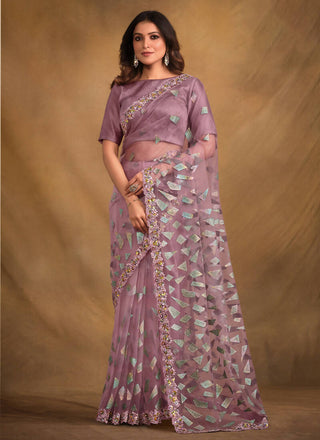 Light Purple Velvet Texture Net Designer Saree with Unstitched Blouse - Norita Mahitha - Distacart