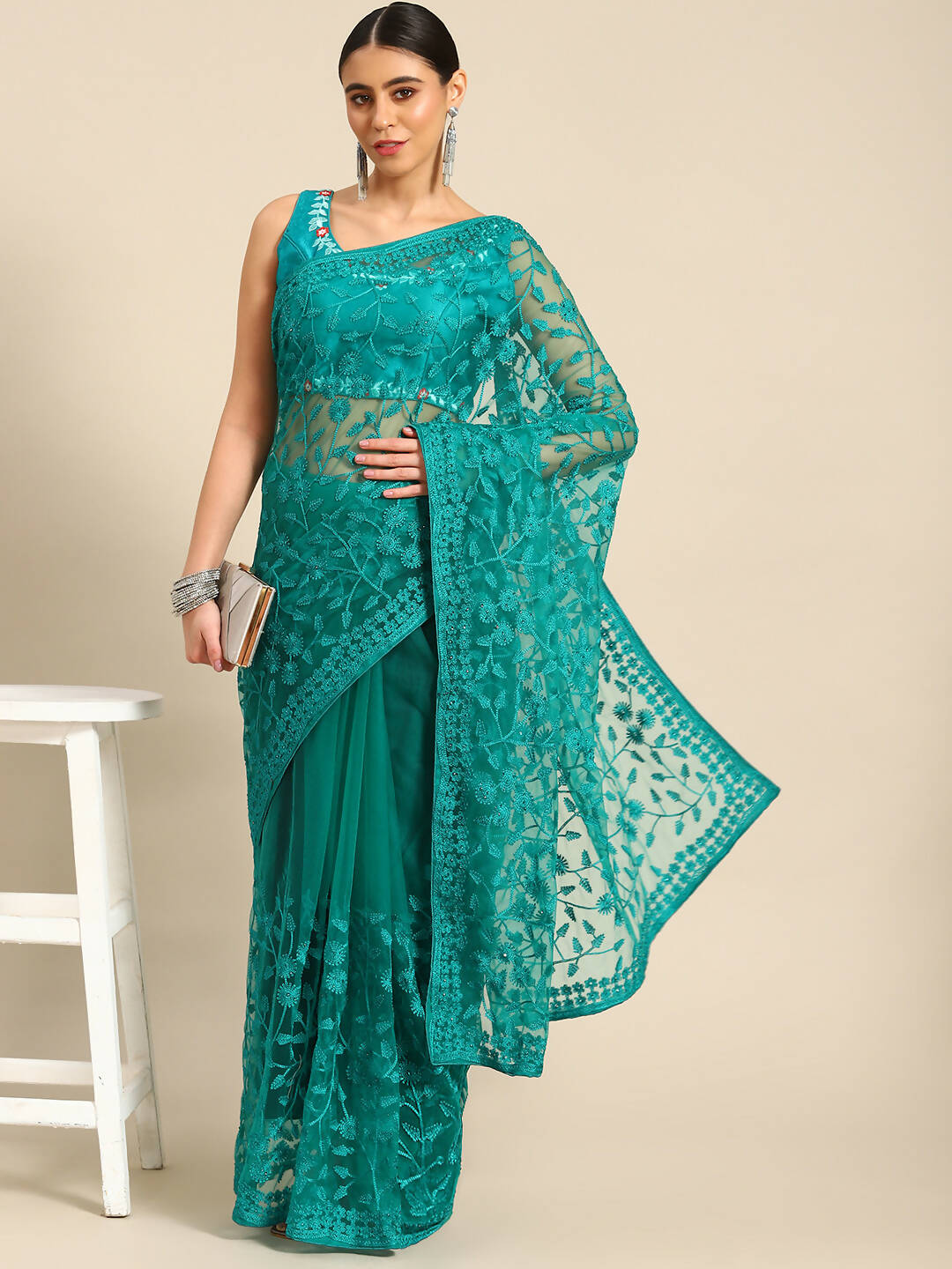 Sea Green Woven Design Net Saree with Blouse Piece - Kalamkari - Distacart