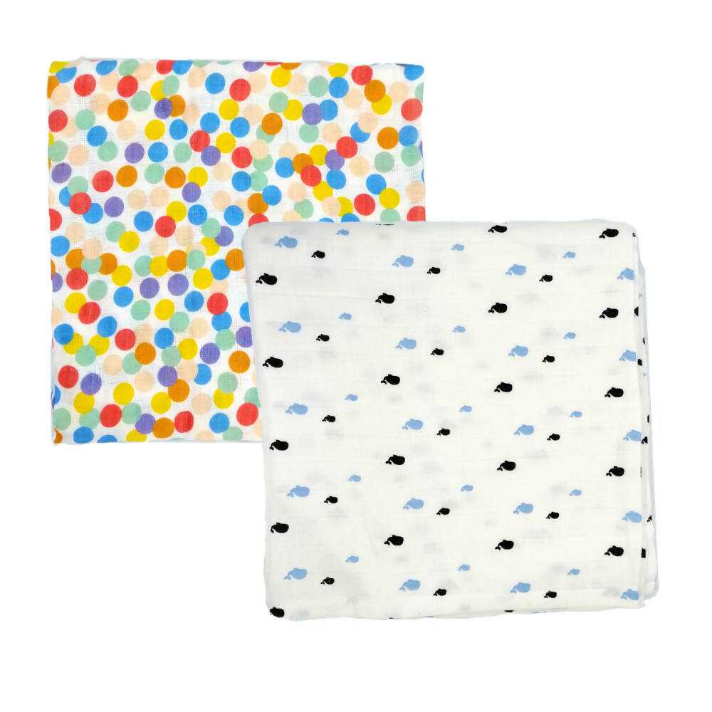 Kindermum Organic Cotton Muslin Swaddle Blanket 110 Cm X 110 Cm - Set Of 2 - Colorful Polka And Whale - Distacart