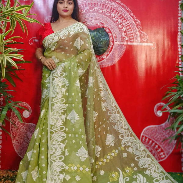 Exclusive Collection Handloom Dhakai Jamdani Saree - Olive - Distacart