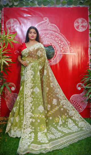 Exclusive Collection Handloom Dhakai Jamdani Saree - Olive - Distacart