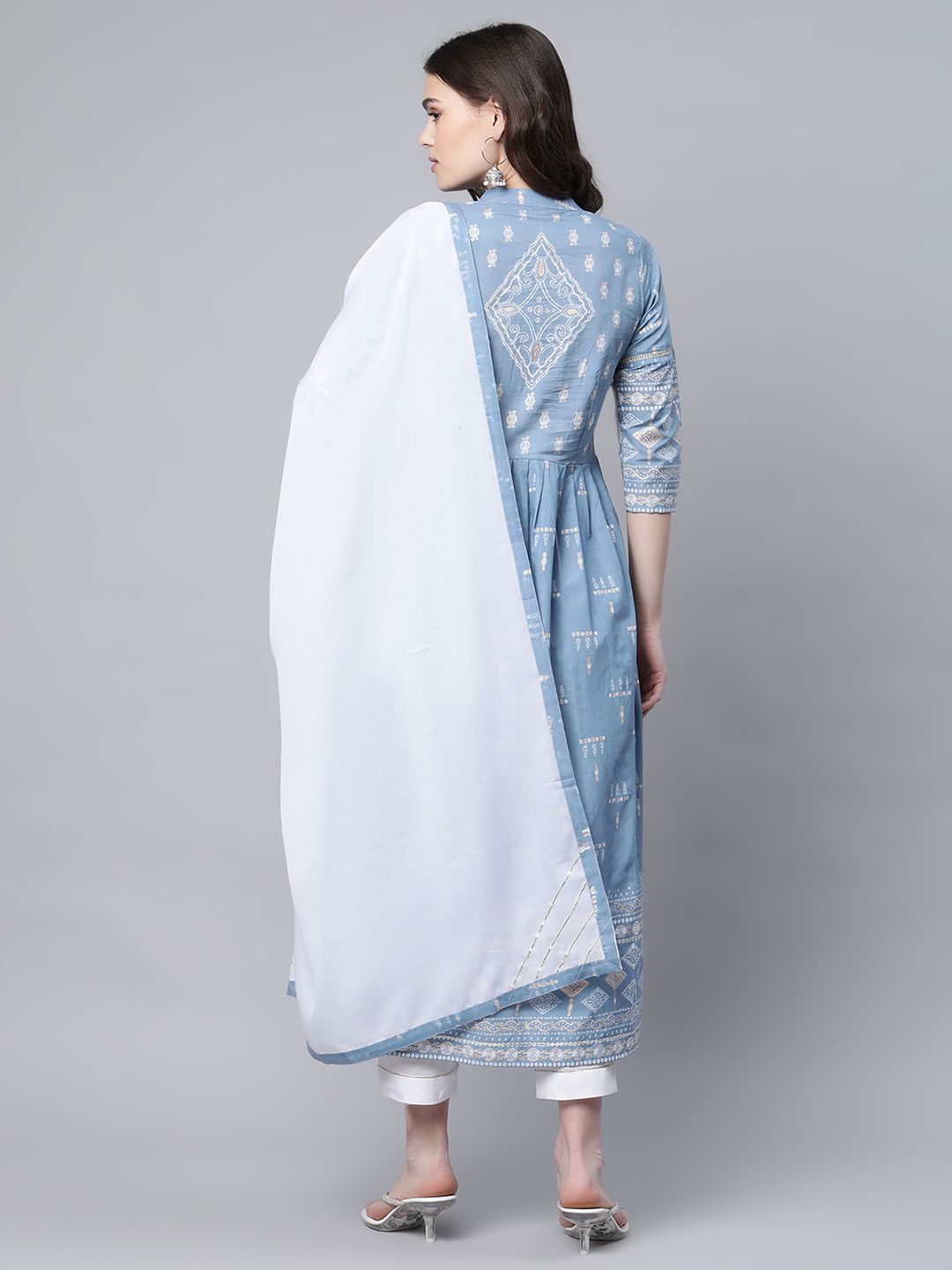 Ahalyaa Women Pastel Blue Pure Cotton Printed Kurta Pant Set With Dupatta