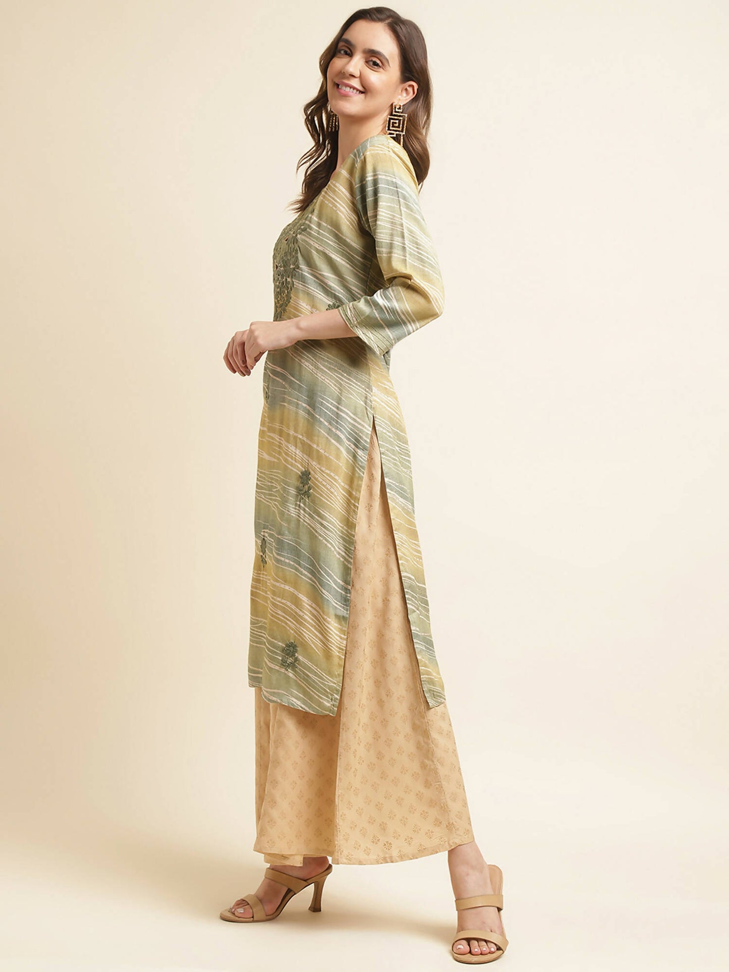 Green Poly Rayon Stripe Printed Straight Fit Kurta - Prasuti - Distacart