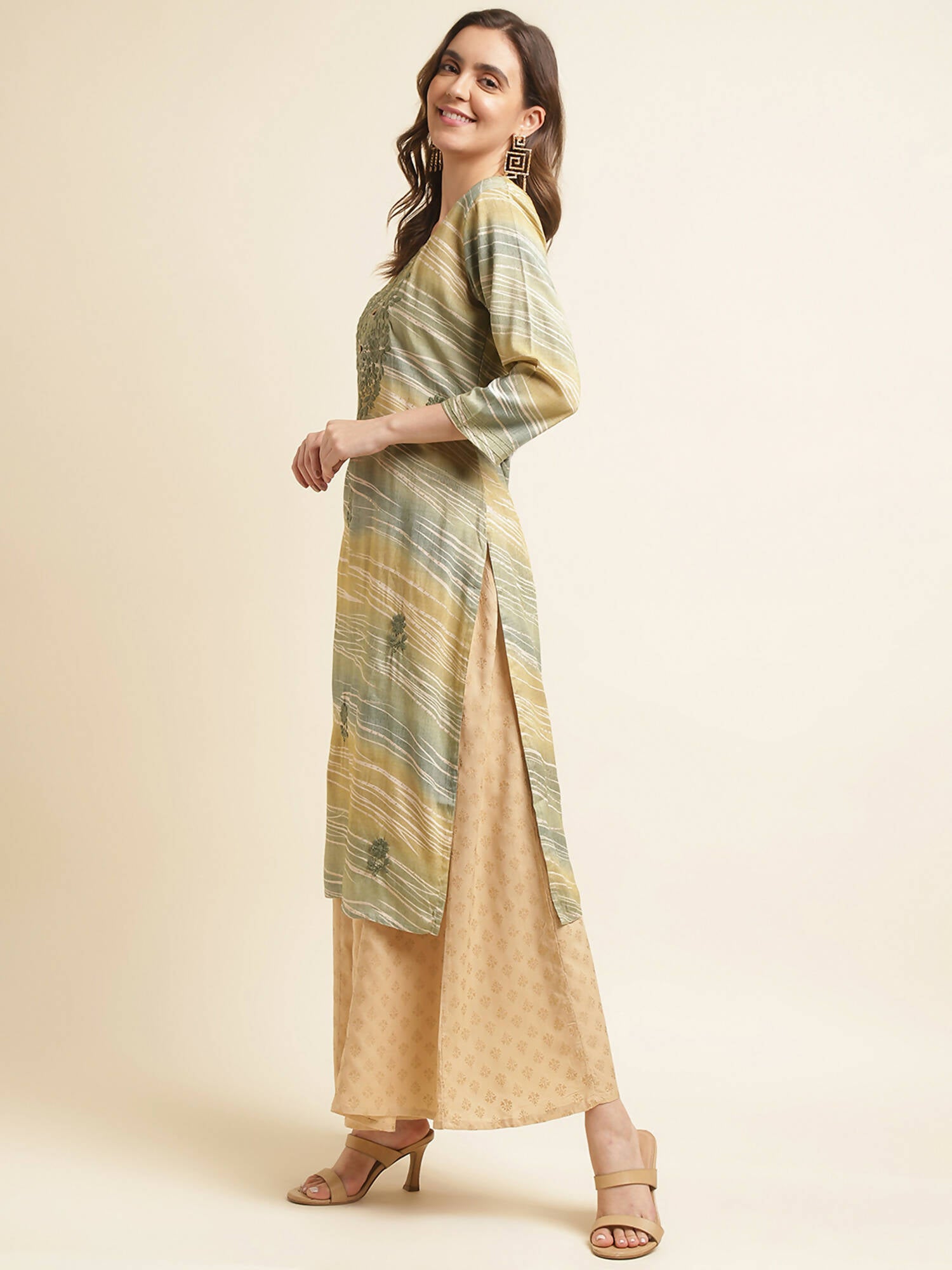 Green Poly Rayon Stripe Printed Straight Fit Kurta - Prasuti - Distacart