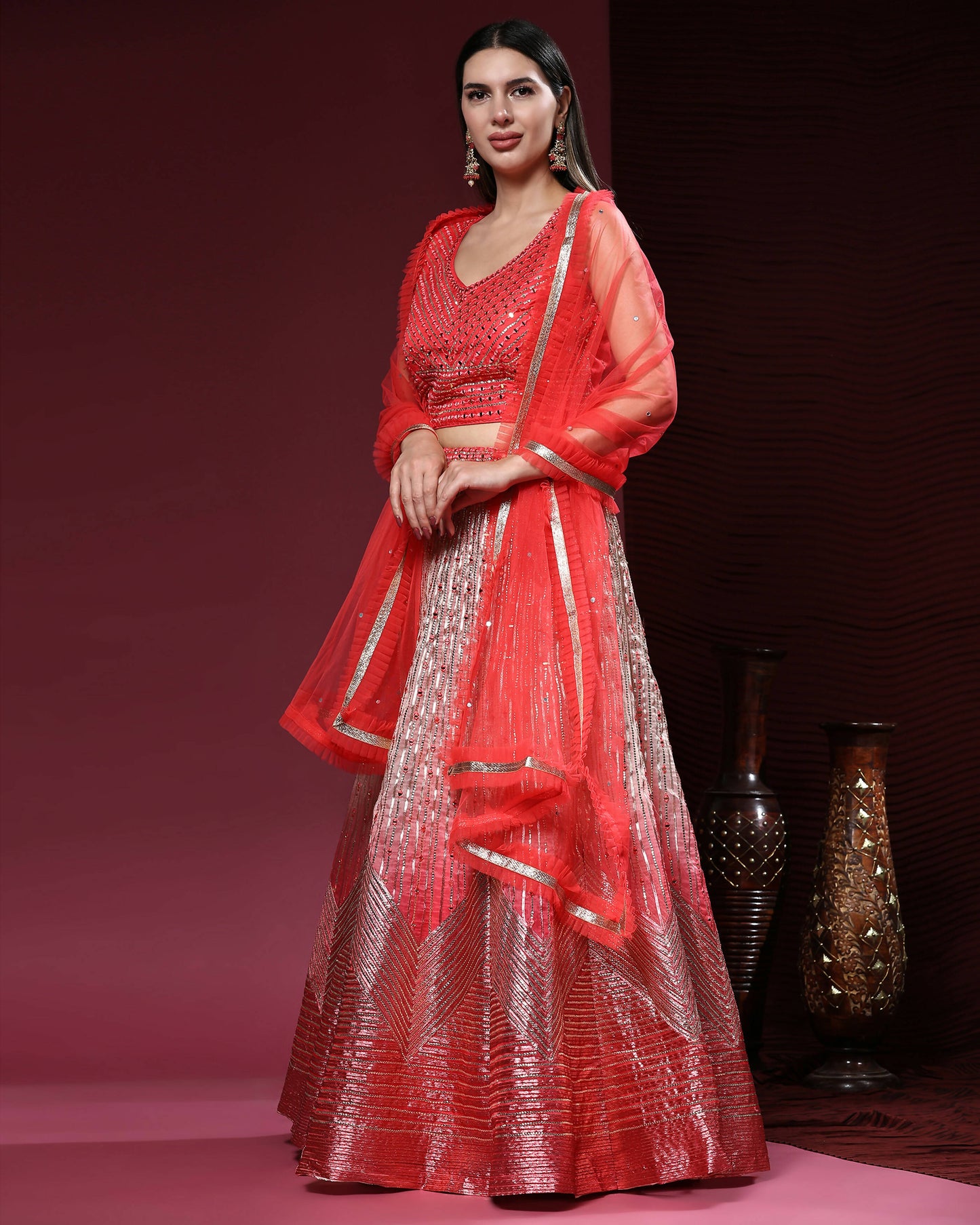 Red Organza Mirror With Coding Work Lehenga Choli with Dupatta - Tanya - Distacart