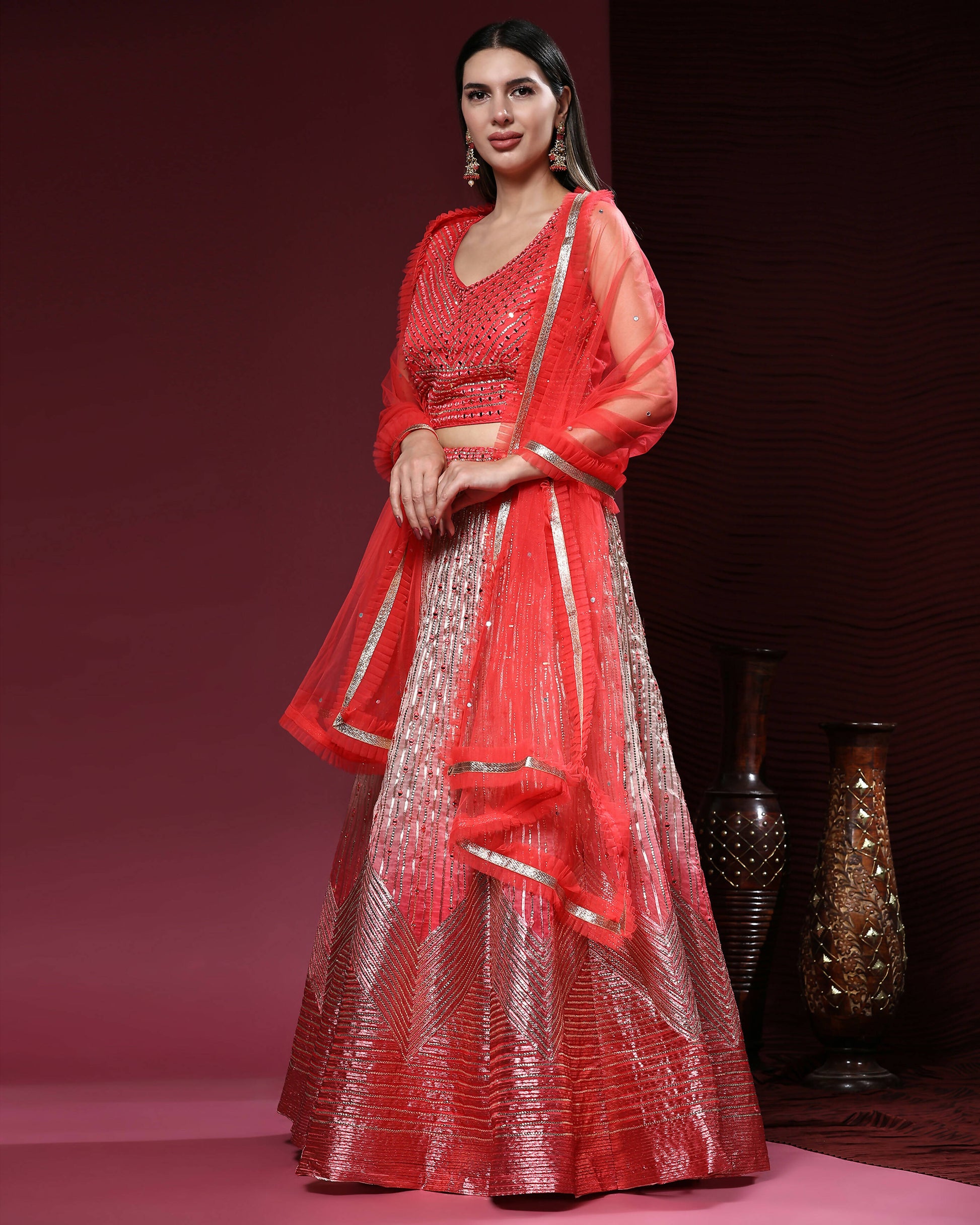 Red Organza Mirror With Coding Work Lehenga Choli with Dupatta - Tanya - Distacart