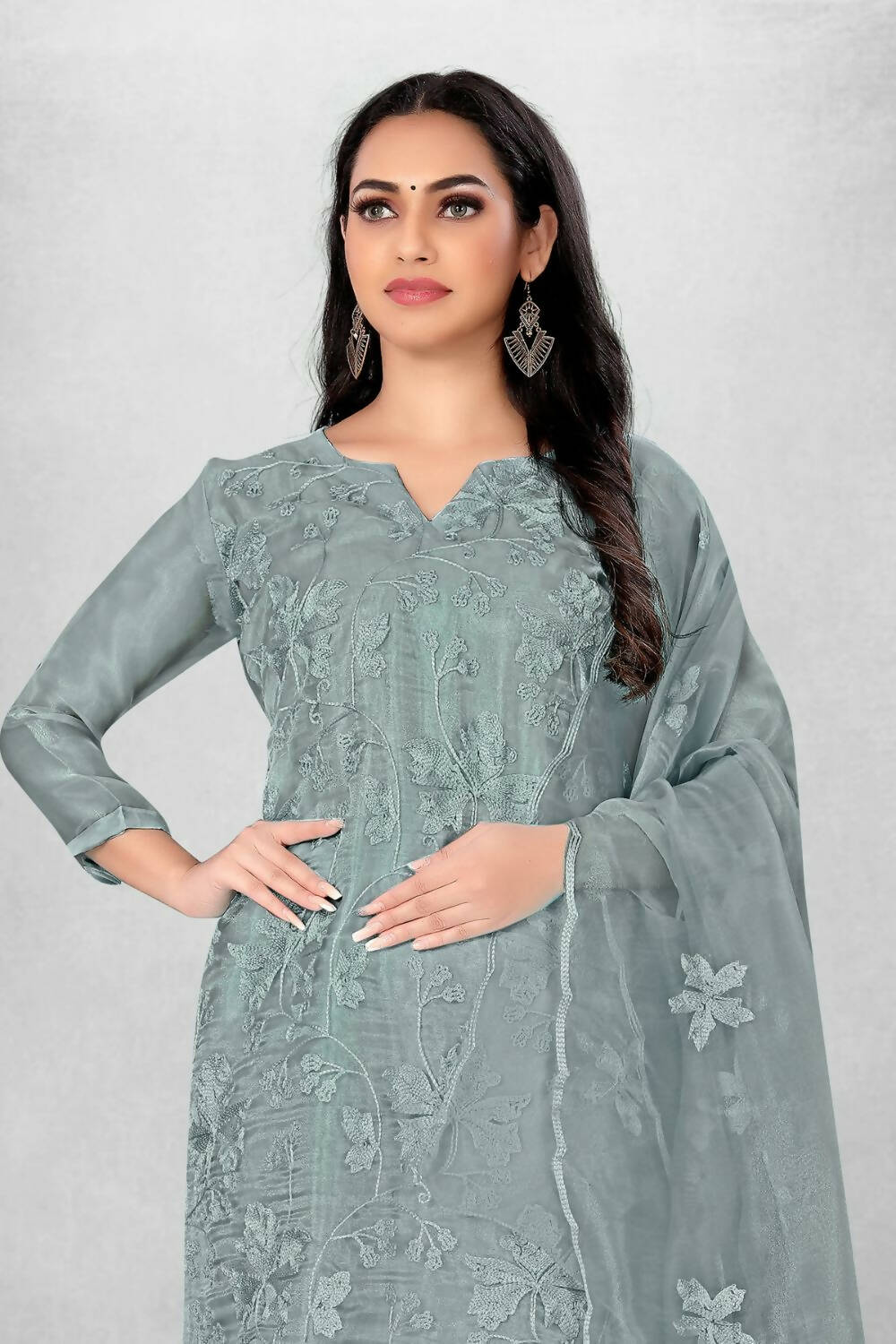 Grey Heavy Organza Silk Embroidered Unstitched Dress Material - Amara - Distacart