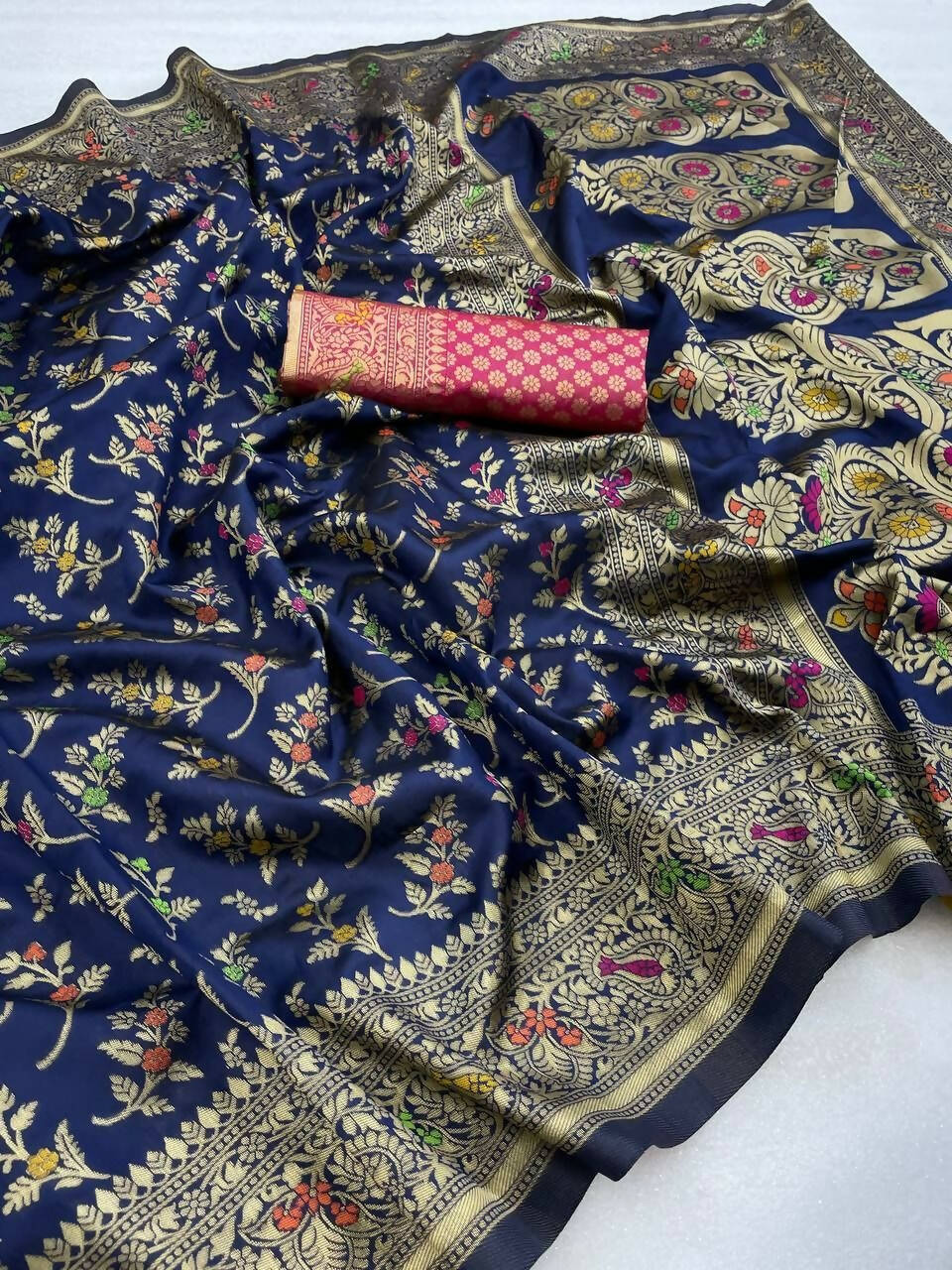 DEIANA'S Beautiful Golden Jari with New Design Soft Lichi Silk Saree - Navy Blue - Distacart