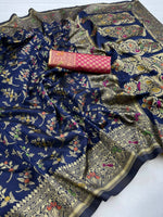 Thumbnail for DEIANA'S Beautiful Golden Jari with New Design Soft Lichi Silk Saree - Navy Blue - Distacart