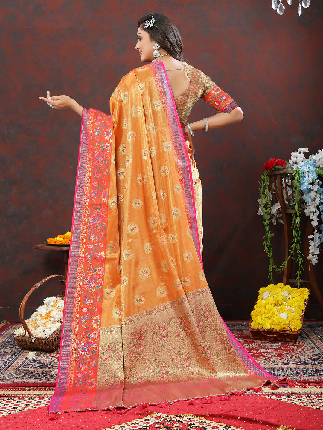 Lorenvalley Fashion Orange Kanjivaram Silk Woven Design with Zari Weaving Saree - Distacart