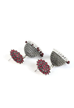 Tehzeeb Creations Silver Colour Earrings With Maroon Colour Pearl
