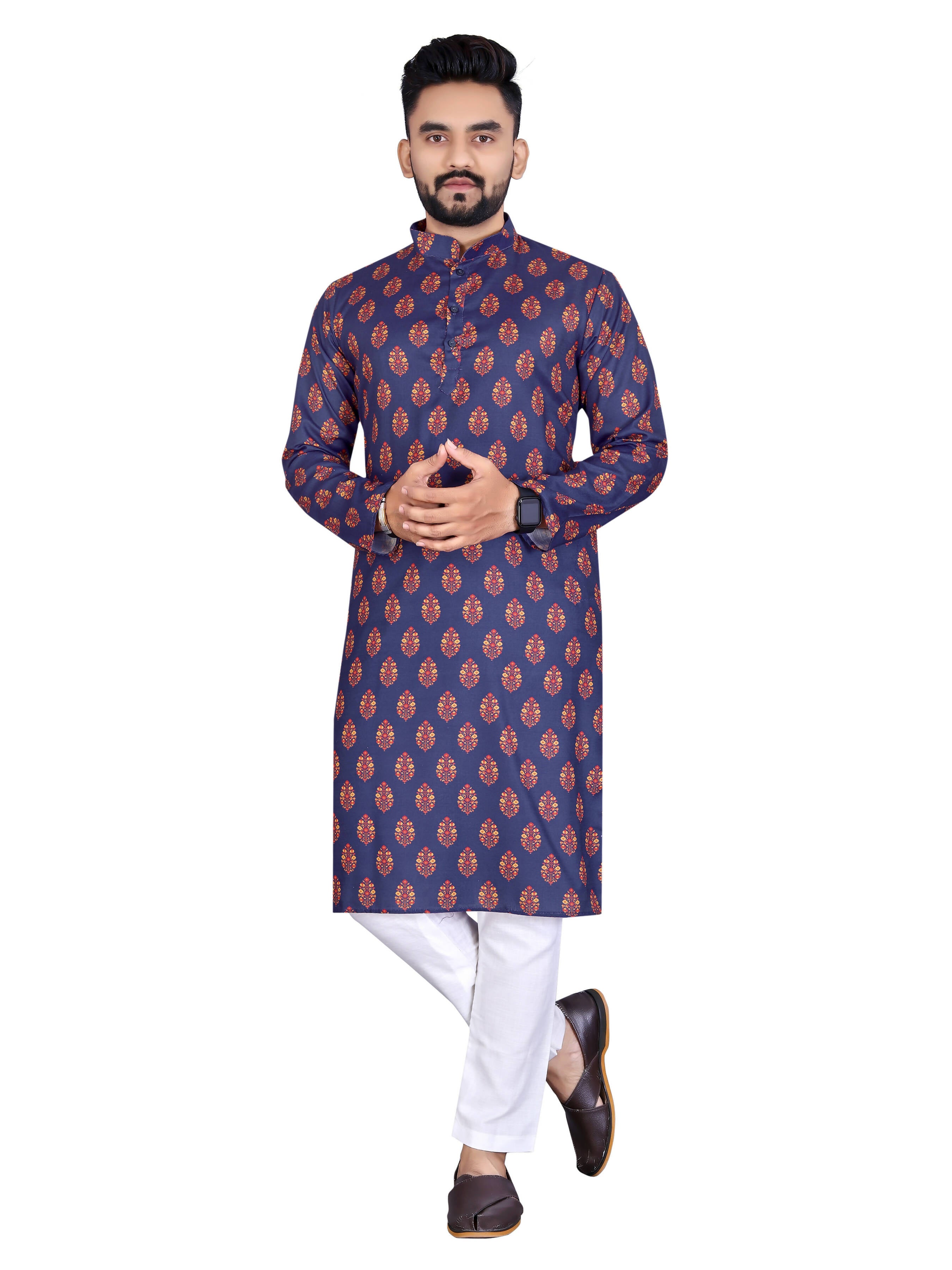 Mens Navy Blue Cotton Printed Kurta - Mahotsav - Distacart