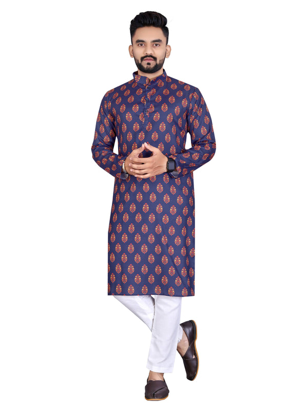 Mens Navy Blue Cotton Printed Kurta - Mahotsav - Distacart