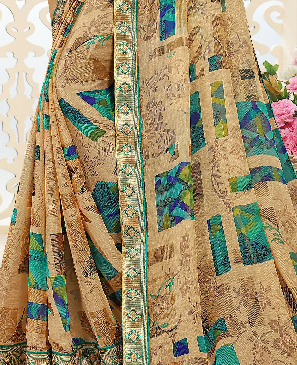 Beige Chiffon Brasso Printed Saree With Unstitched Blouse Piece - Jyoti - Distacart