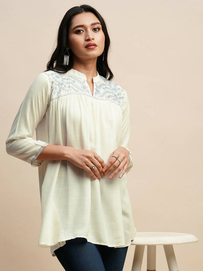 White Rayon Embroidered Top - Tarini - Distacart