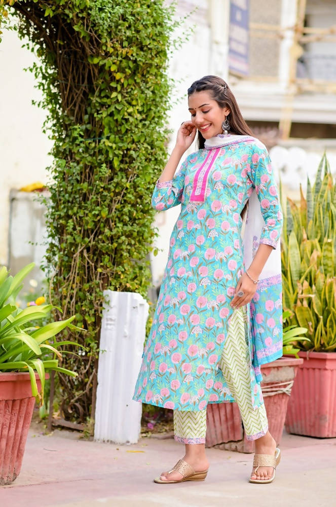 Yufta Women Blue & Off-White Printed Kurta with Trouser & Dupatta