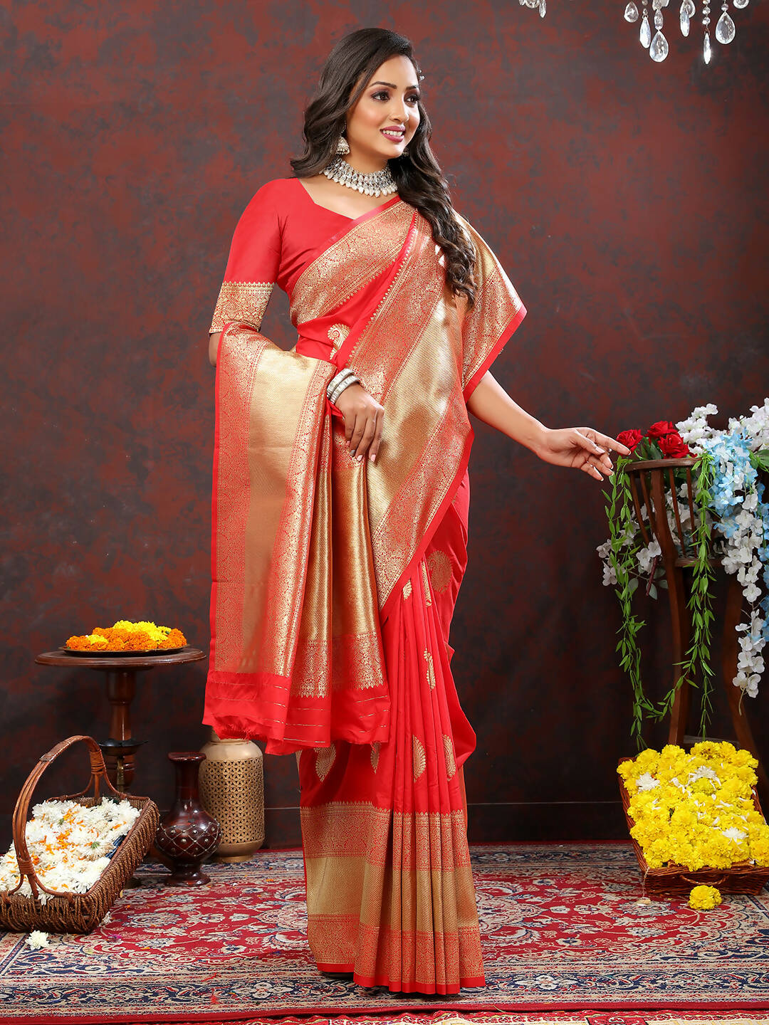 Lorenvalley Fashion Red Soft Silk Woven Design Gold Zari Weaving Saree - Distacart
