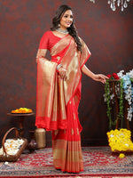 Thumbnail for Lorenvalley Fashion Red Soft Silk Woven Design Gold Zari Weaving Saree - Distacart