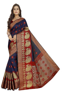 Thumbnail for Vamika Banarasi Cotton Silk Navy Blue & Red Weaving Saree