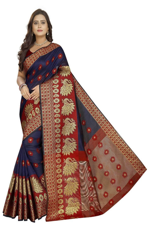 Vamika Banarasi Cotton Silk Navy Blue &amp; Red Weaving Saree