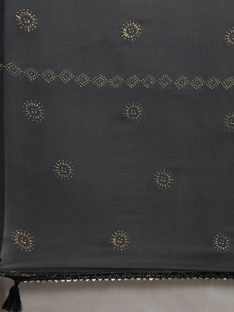 Yufta Women Beige & Charcoal Grey Ethnic Motifs Embroidered Kurta with Trouser & Dupatta