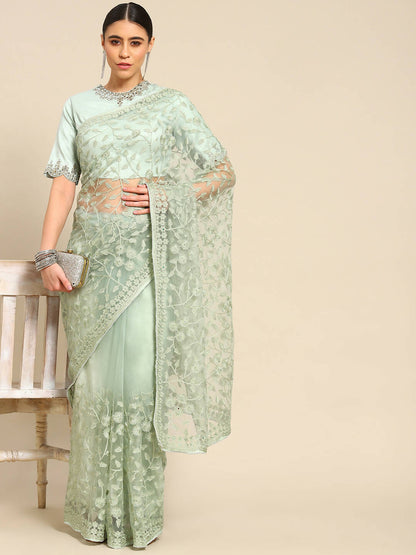 Green Woven Design Net Saree with Blouse Piece - Kalamkari - Distacart