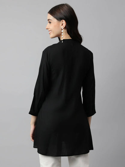 Black Rayon Yoke Embroidered A-line Top - Tarini - Distacart