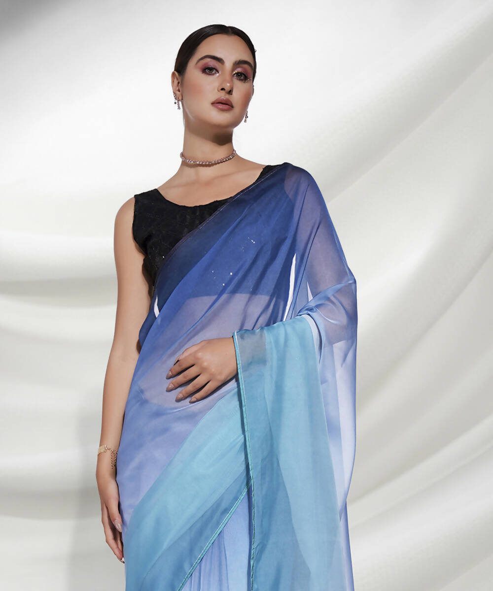 Blue Organza Solid Saree With Unstitched Blouse Piece - Shanaya - Distacart
