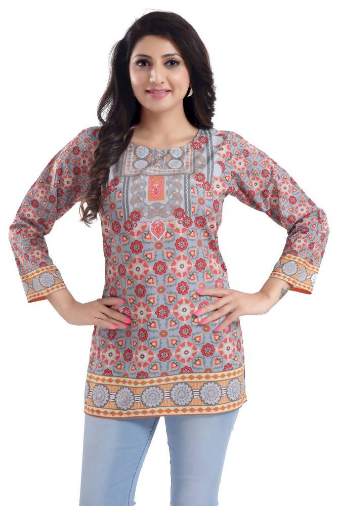 Snehal Creations Ash Gray Faux Crepe Short Kurti Tunic Top