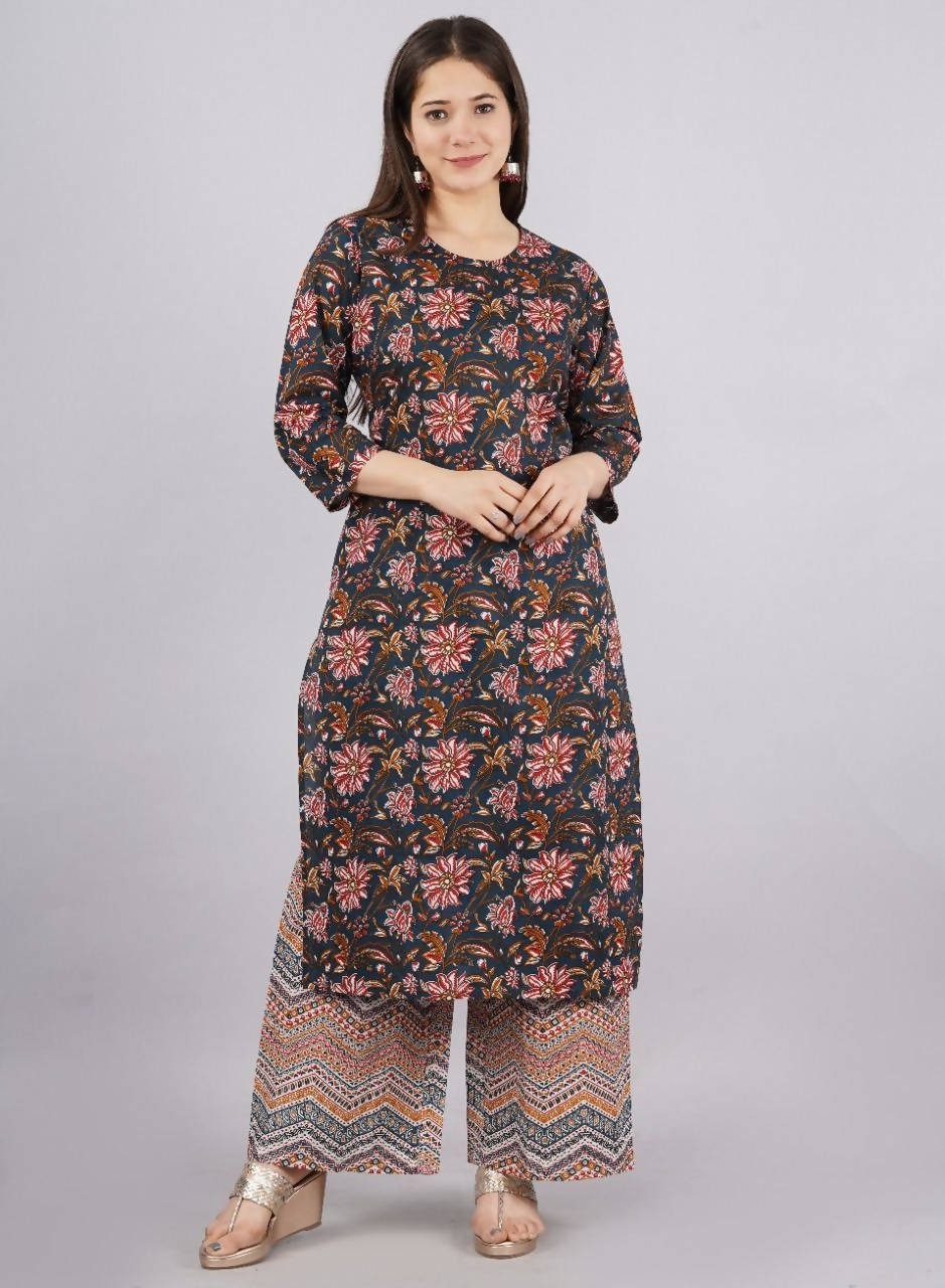Vamika Printed Cotton Blue Party Wear/Casual Wear Kurta Set/Suit - Distacart