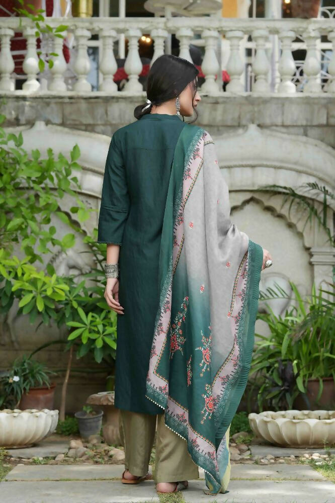 Juniper Bottle Green Mono Viscose Festive Wear Embroidered Straight Kurta Pant Dupatta Set - Distacart