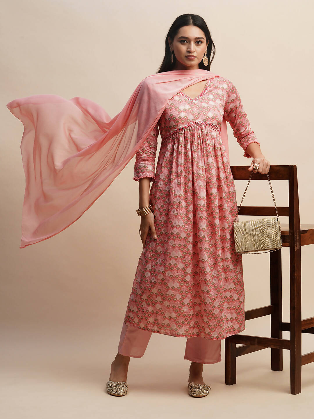 Pink Pure Cotton Floral Printed Naira Cut Kurta And Bottom With Dupatta - Akashara - Distacart