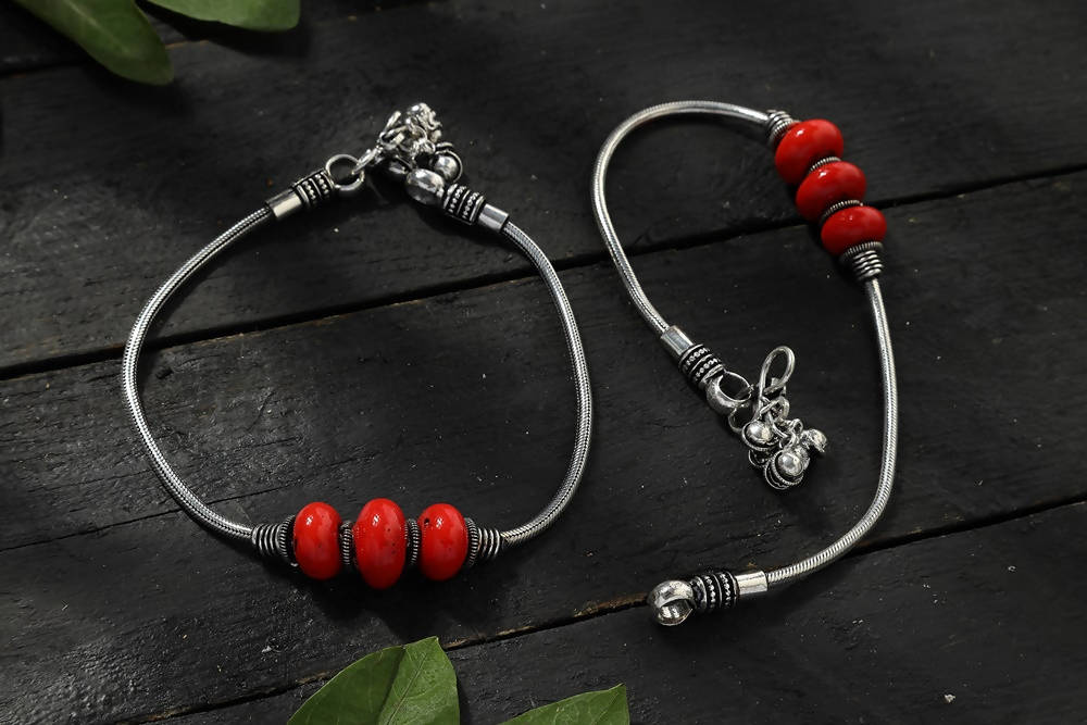 Mominos Fashion Kamal Johar Oxidised Silver With Red Beads Anklets