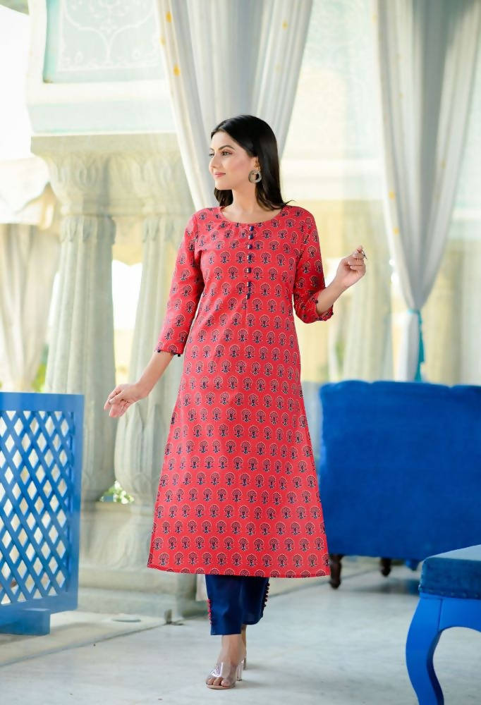 Yufta Women's Red Handblock Printed Kurta Set