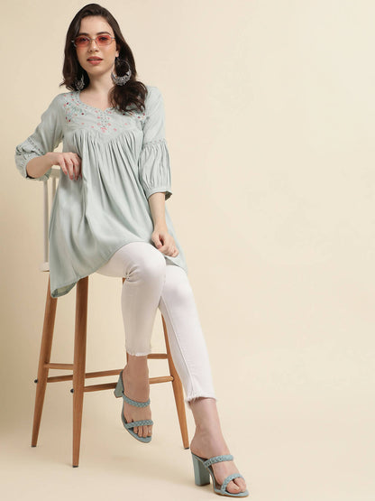 Light Blue Poly Cotton Yoke Embroidered A-line Top - Tarini - Distacart