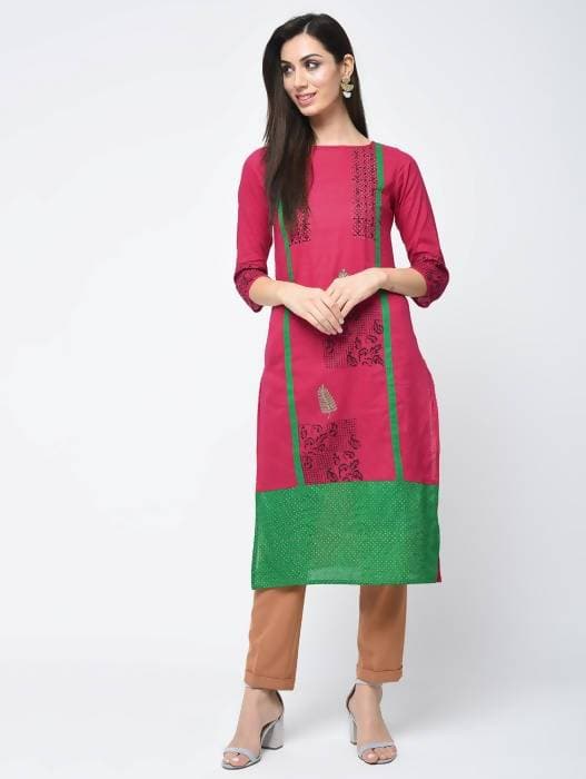 Aniyah Cotton Block Printed Straight Pink Kurta (AN-114K)