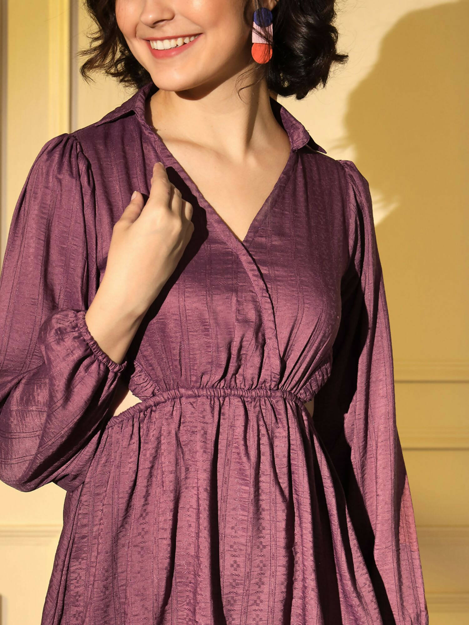 Wine Viscose Solid Flared Dress - Shivani - Distacart