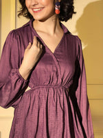 Thumbnail for Wine Viscose Solid Flared Dress - Shivani - Distacart