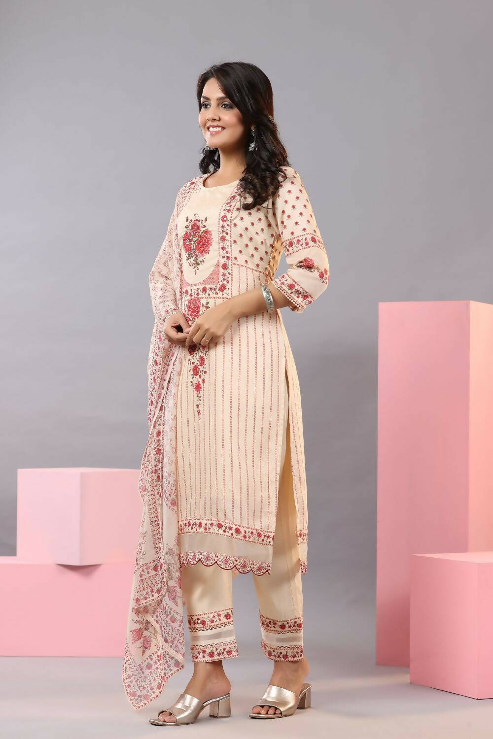 Juniper Women Ecru Muslin Floral Printed Kurta, Pants and Dupatta Set - Distacart