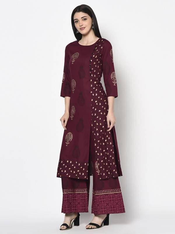 Aniyah Rayon Wine Color Block Print Straight Kurta Palazzo Set (AN-174K)