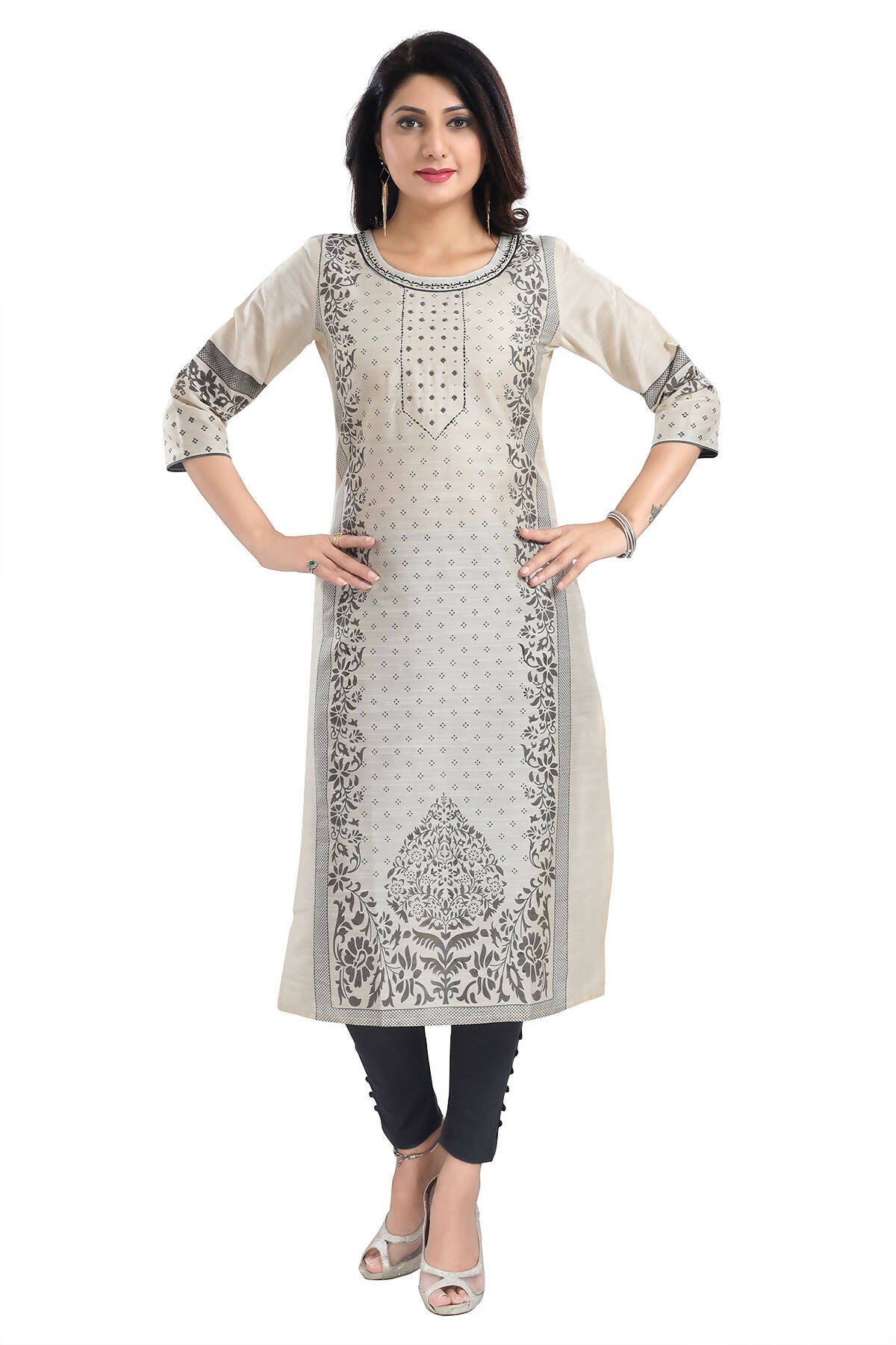 Snehal Creations Cream Raw Silk Block Print Long Kurta For Women - Distacart