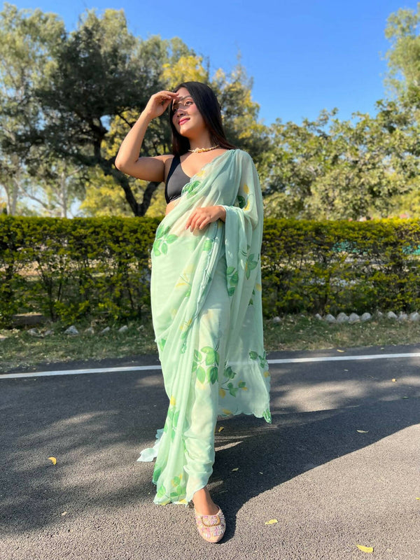 Vamsee Green Chiffon Designer Saree - Distacart