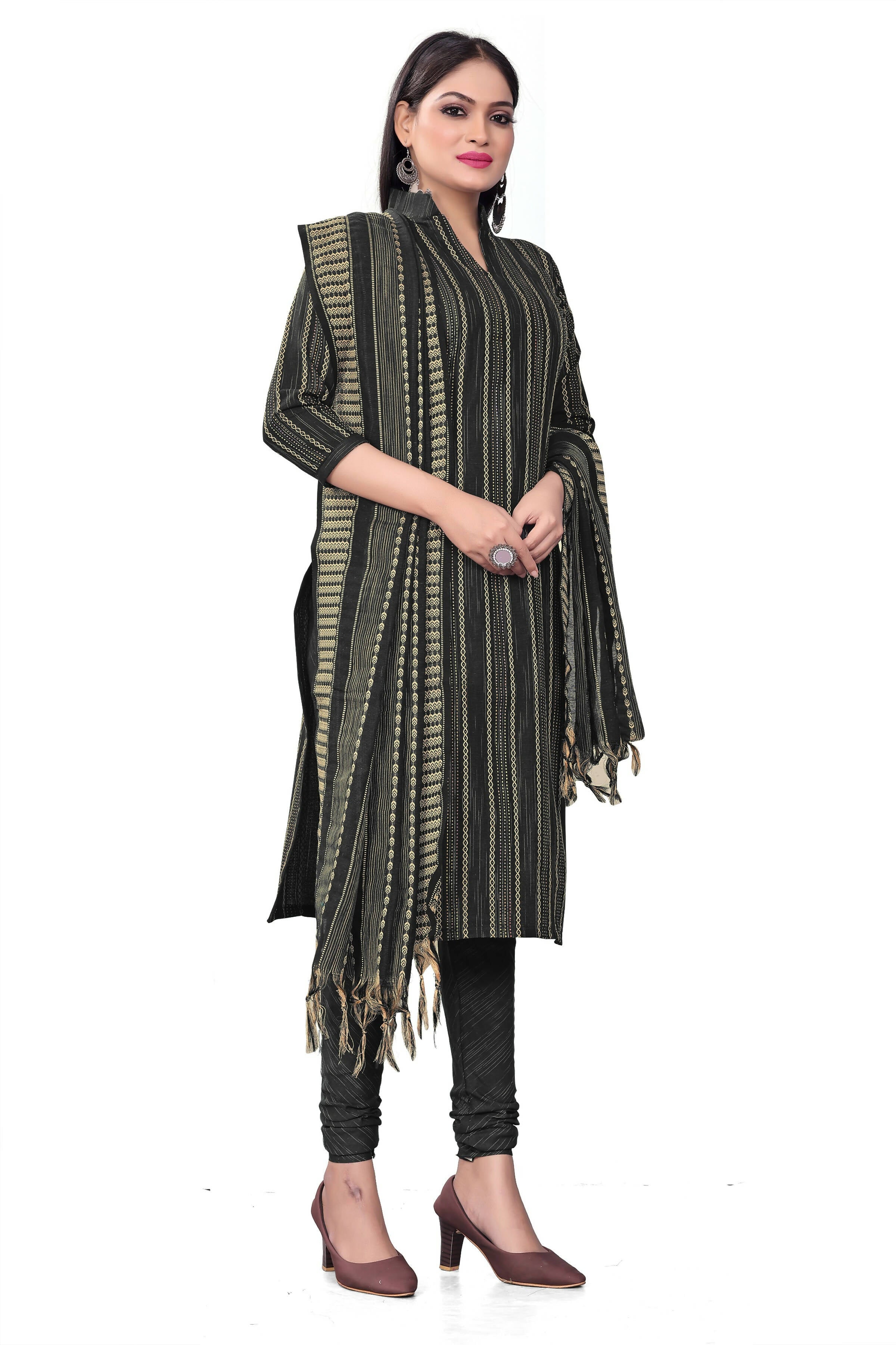 Black Cotton Jacquard Woven Unstitched Dress Material - Tanvi - Distacart