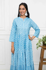 Thumbnail for Myshka Women Blue Floral Cotton A-Line Mandarin Collar Long Dress - Distacart