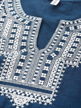 Yufta Women Blue And White Embroidered Kurta with Trouser & With Dupatta