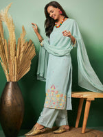 Thumbnail for Sky Blue Georgette Handwork Unstitched Dress Material - Hanika - Distacart