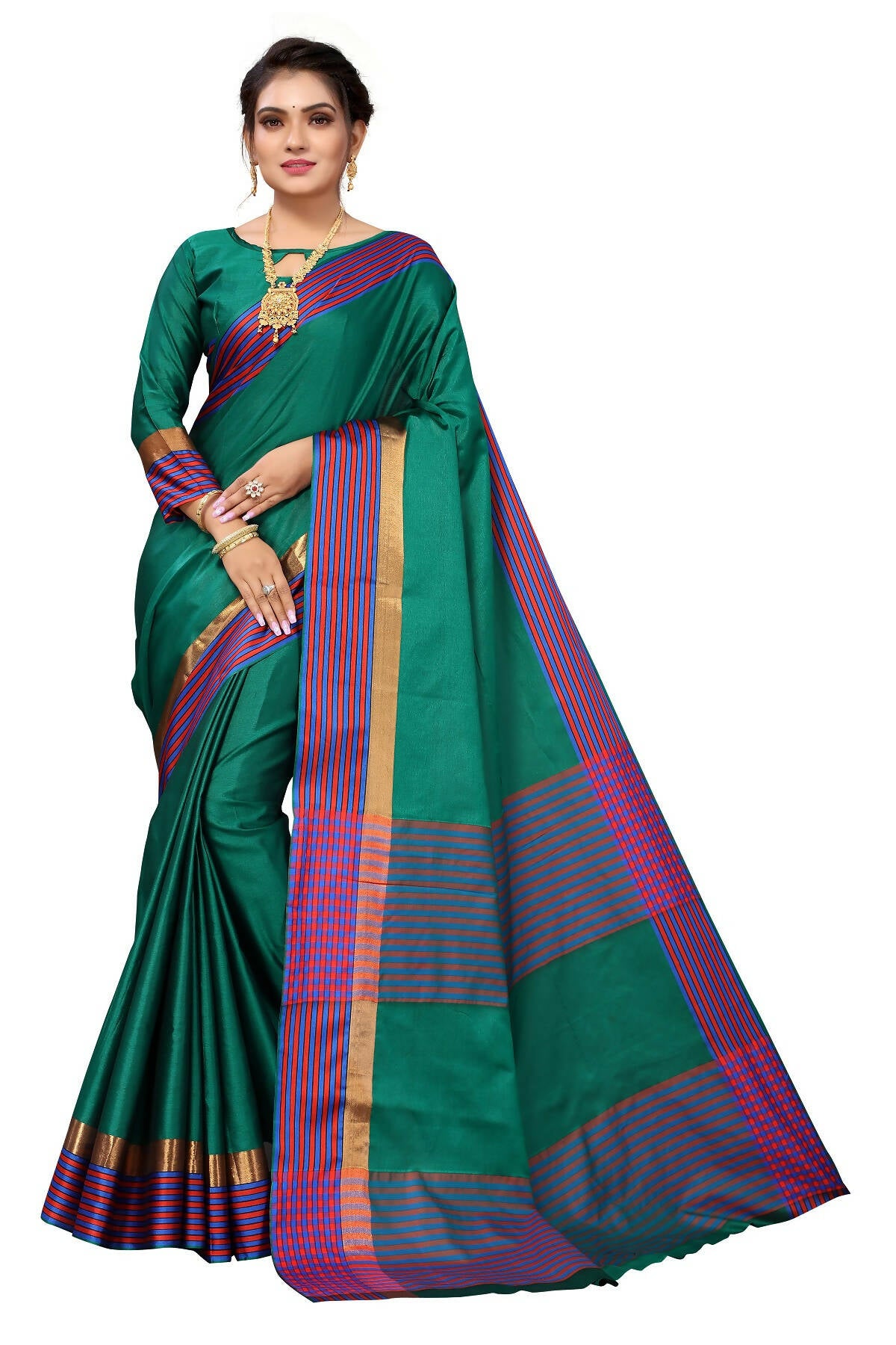 Vamika Ethnic Fire Green Cotton Silk Saree - Distacart