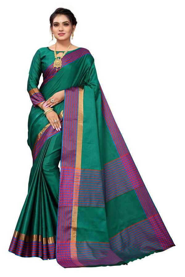 Vamika Ethnic Fire Green Cotton Silk Saree - Distacart